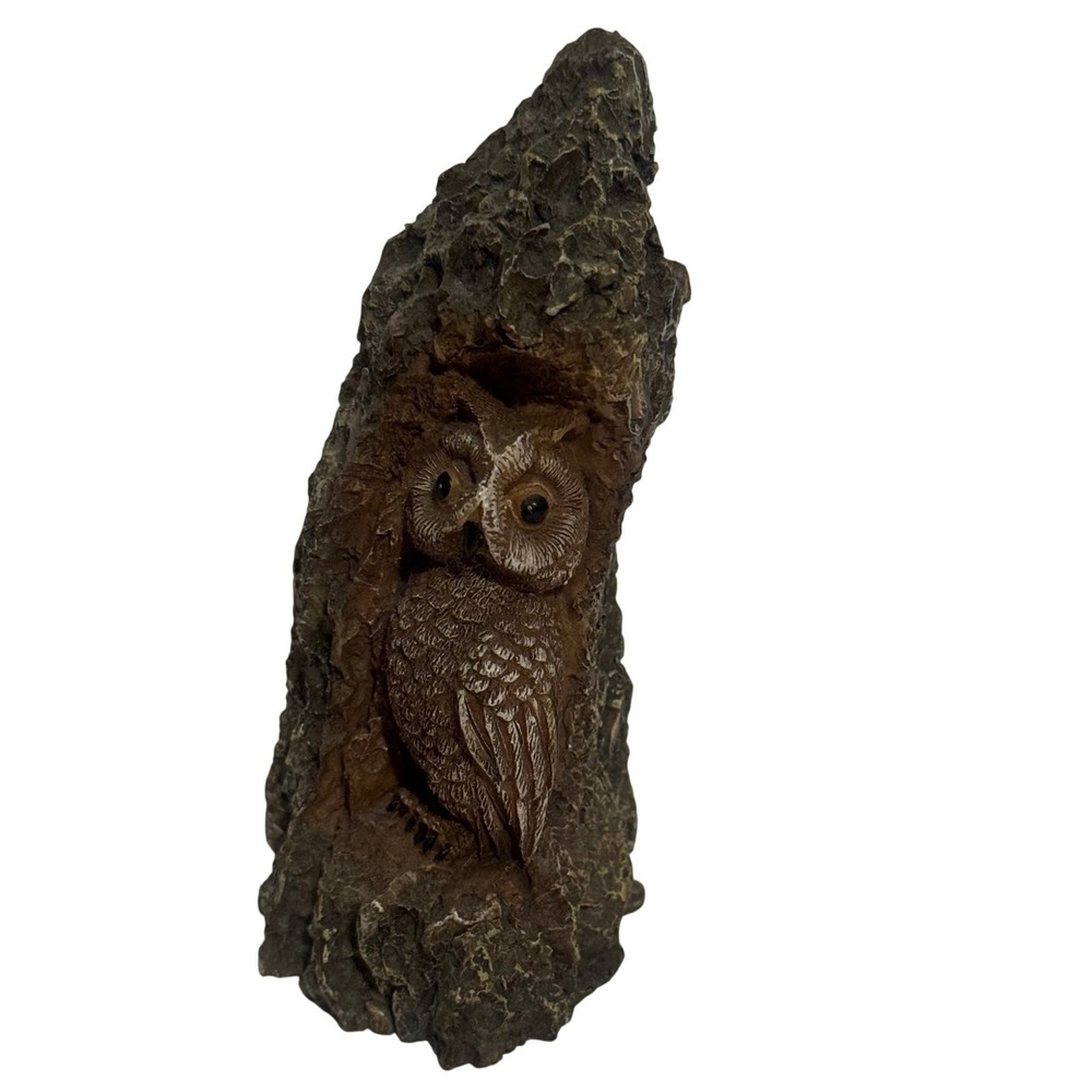 Vintage Carved Owl Figurine in Tree Trunk Hollow Woodland Decor 5"x2.5"